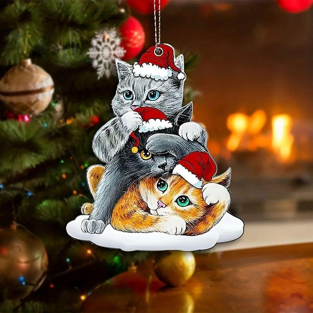 Плоская шляпа Санта-Клауса Подвеска для кошек 2D Рождественские украшения Акриловая подвеска для украшения кошки Автомобиль заднего вида