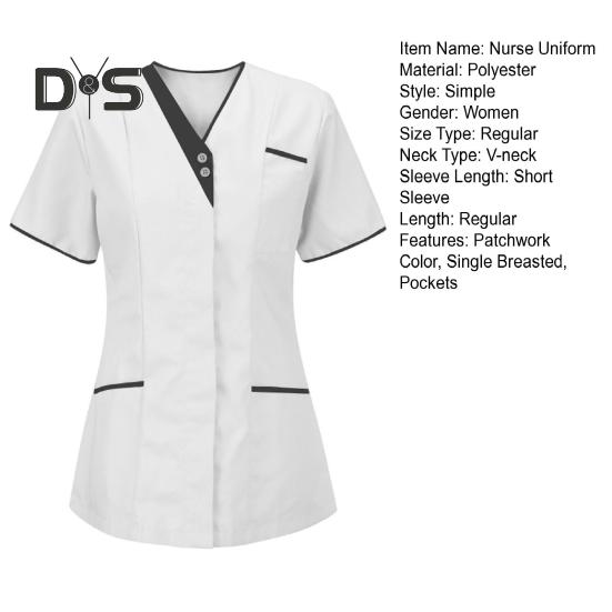 Nurse Uniform Scrubs Tops Women V-neck Short Sleeve Pockets Overalls Uniforms Patchwork Color Nursing Working Tops Workwear