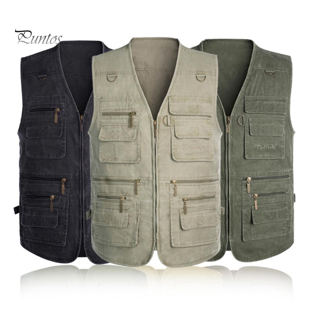 Puntos Men Multi Pocket Waistcoat Plus Size Outdoor Shooting Fishing Hiking Vest Jacket