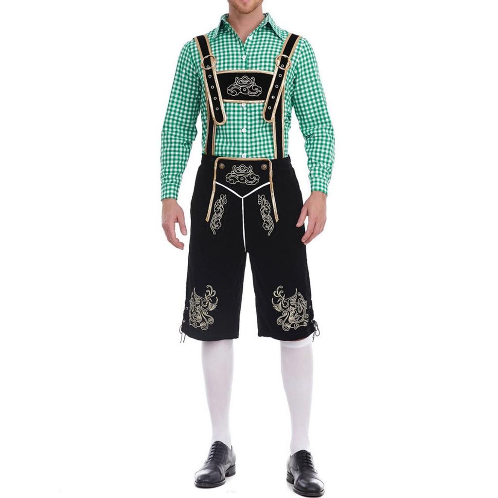 Men's Traditional Bavarian Outfit Lederhosen Set with Embroidered Suspenders and Checkered Shirt Suitable for Oktoberfest Costume Party