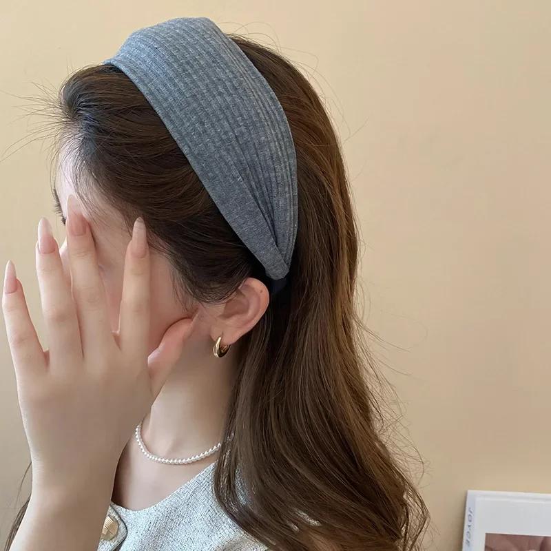 New Vintage Kintting Cloth Headbands for Women Solid Color Wide Stripe Hairband High Skull Top Nonslip Elegant Hair Accessories