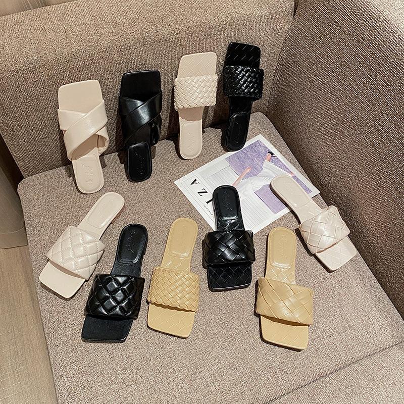 Мода 2025 Роскошные вязаные кожаные туфли Femme Летние тапочки Плетеные плоские сандалии Mujer С открытым носком Шлепанцы Сабо Женские шлепанцы