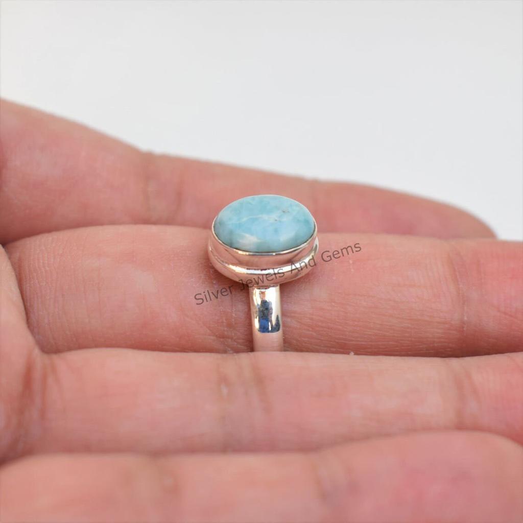 Natural Larimar Ring-Handmade Ring-Oval Gemstone Ring-925 Sterling Silver Ring- Simple Ring-Gift for her-Promise Ring