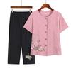 Mom's Summer Clothing: Two-Piece Suit - Short-Sleeved, Round Neck Cardigan & Printed Top for Middle-Aged and Elderly Women