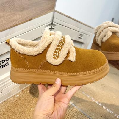 Ретро кожаные пушистые женские зимние новые на толстой подошве плюшевые теплые на липучке снежные хлопковые ботинки