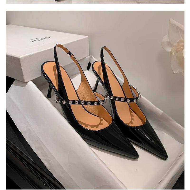 Туфли женские с открытой пяткой женские туфли на высоком каблуке модные туфли-лодочки женские с острым носком и кристаллами неглубокие тонкие каблуки женские босоножки