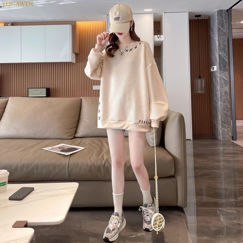 YEJUAWEN Long Round Plus Loose Korean Solid WEN034 Women's Sweatshirt, Sleeve, Neck, Pullover, Embroidered, Sizes, Fit, Style, Casual, Simple, Color,