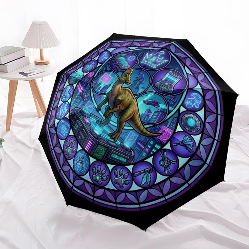 Futuristic Dinosaur Glass pattern umbrella, portable and foldable design, 8 ribs, a casual accessory for Halloween, Christmas, and birthday gifts.