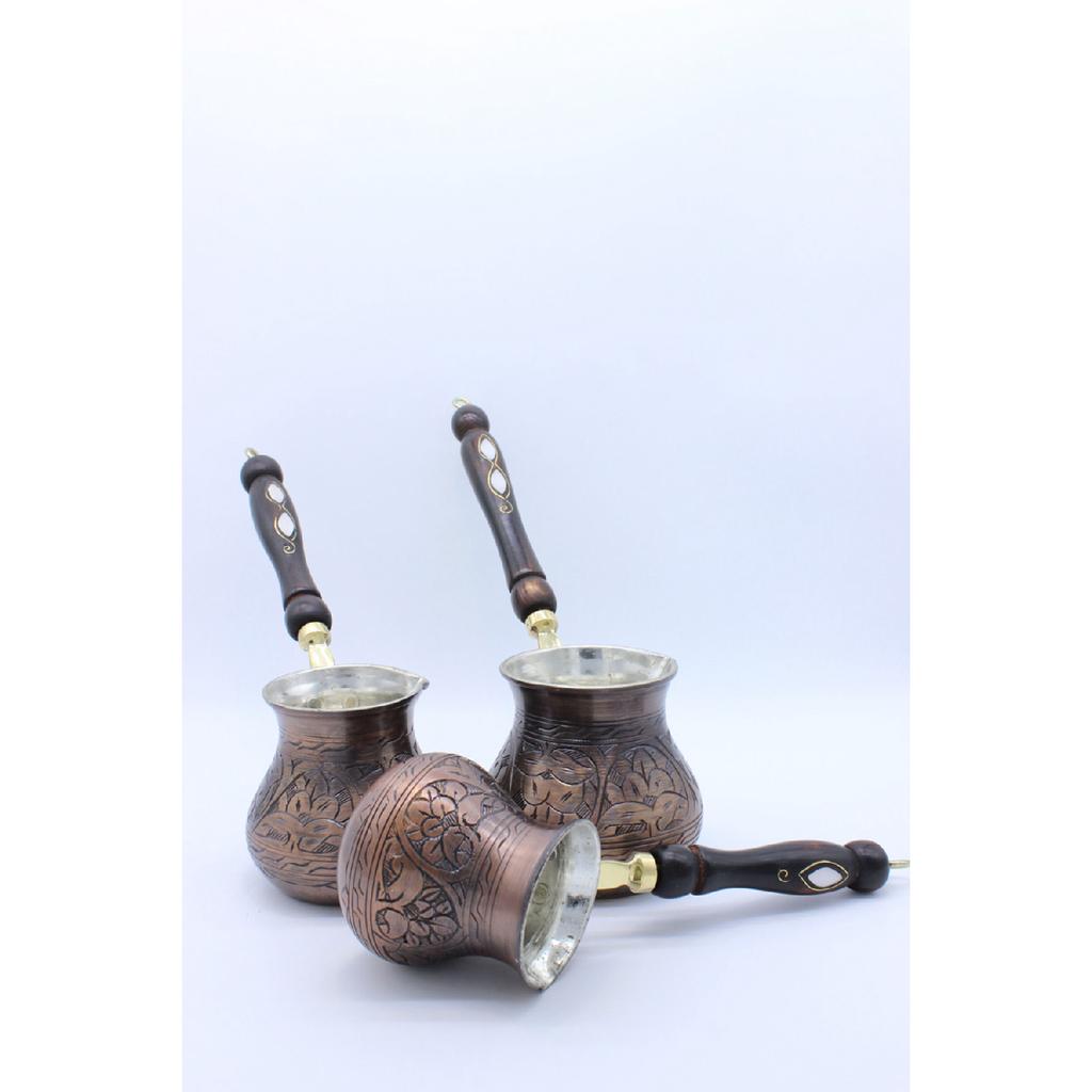 Gaziantep Handcrafted Floral Tumbled Copper Coffee Pot Copper Oxide Color Copper 3 Piece Coffee Pot Set