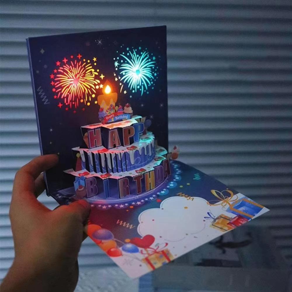 Musical and Light Happy Birthday Card Blowable Led Candle Luxurious Foil Stamping Cards Child