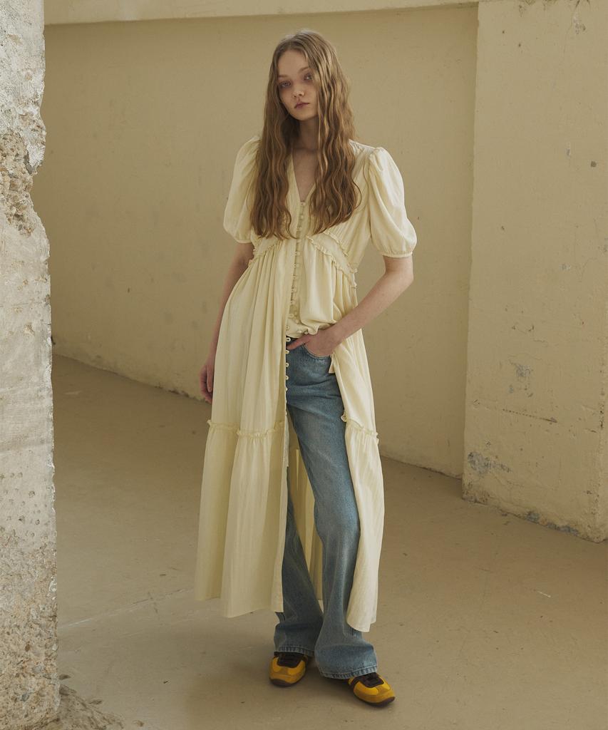 Green Butter Viscos Frill Dress (Cream)