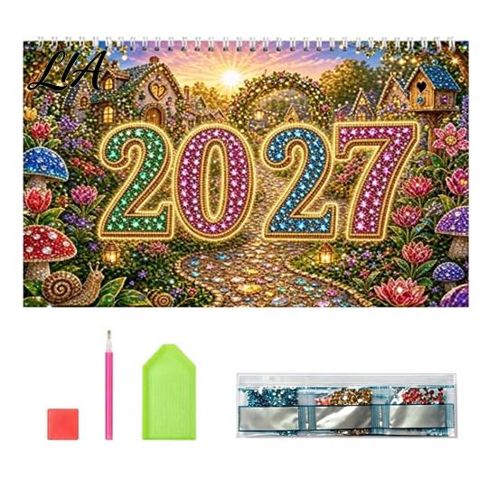 Artistic Wall Planner 2027 DIY Faux Diamond Art Hanging Calendar, Rhinestone Painting Illustration Seasonal Holiday Ritual Gift Theme Spiral Bound 12
