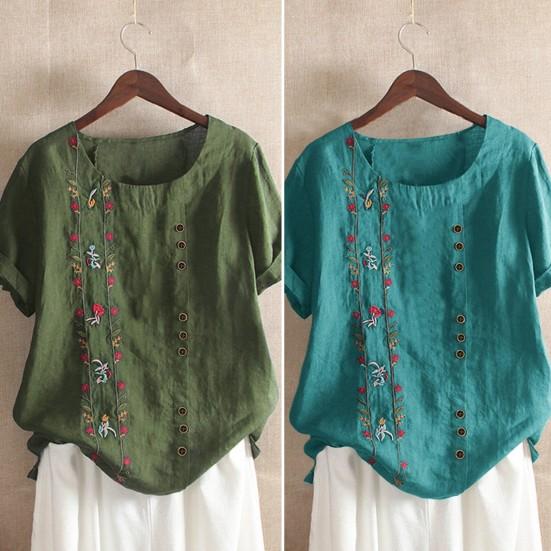 O-Neck Short Sleeve Loose Fit Women Shirt Embroidery Flower Print Buttons Decor Shirt Top Streetwear