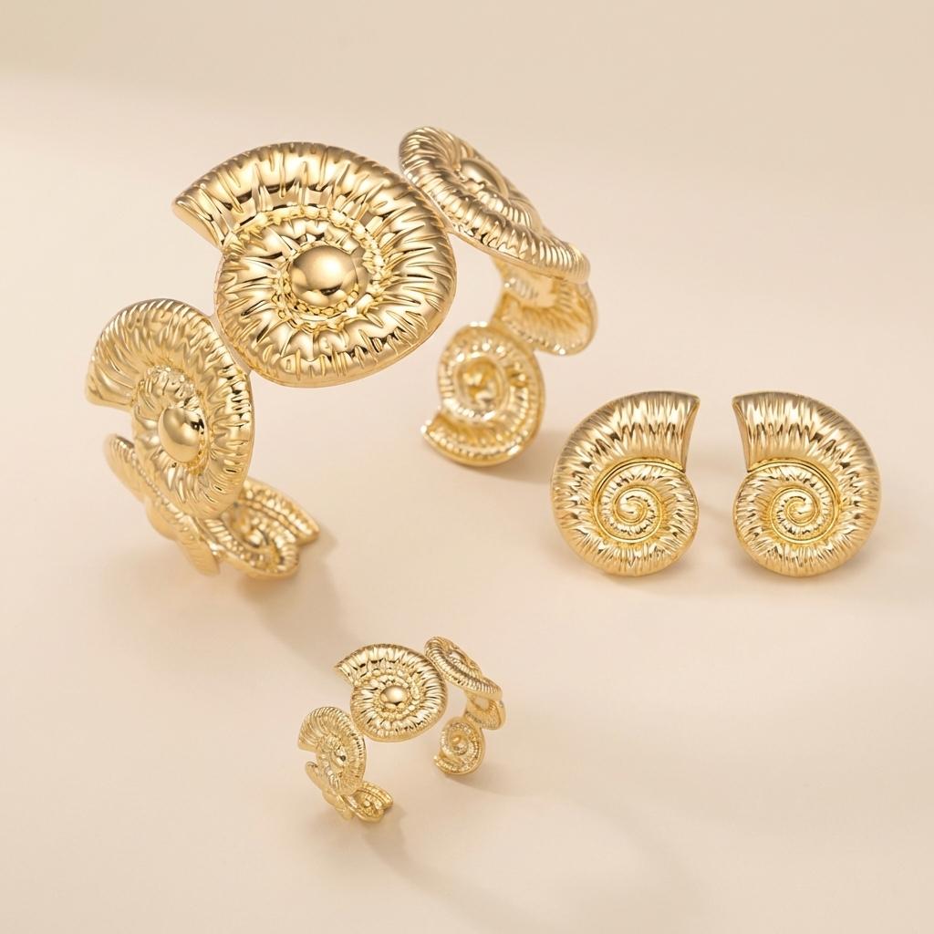 Exaggerated Metal Starfish Bangles Ring Earring Set for Women Bohemia Conch Open Cuff Bangles Beach Vacation Jewelry Gifts