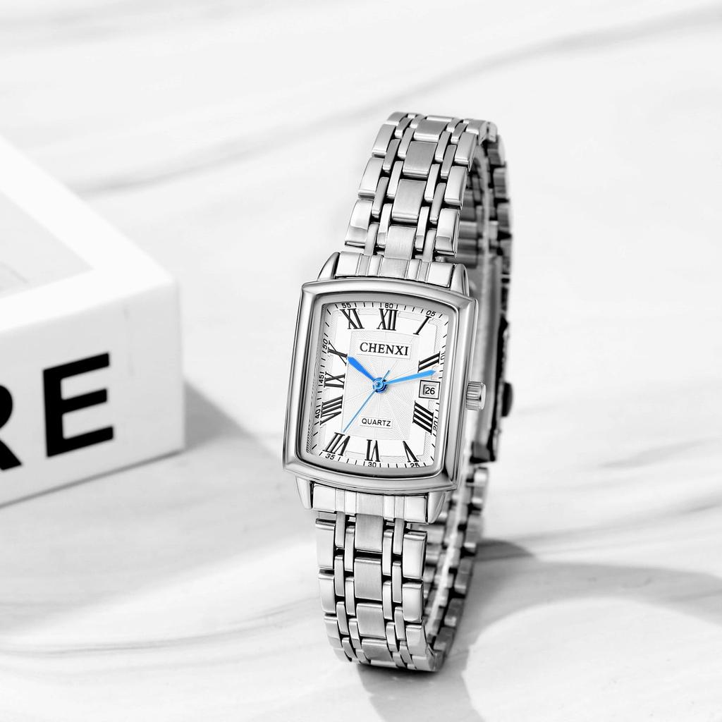 Stainless Steel Calendar Analog 3ATM Waterproof Antique Roman Stylish Pair Watch Square Quartz Watch Silver Fashion Accessories Birthday Anniversary