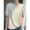 Summer V-neck Short-sleeved T-shirt for Women, Solid Color Loose, Slimming, Stylish, Lustrous and Elegant Base Layer