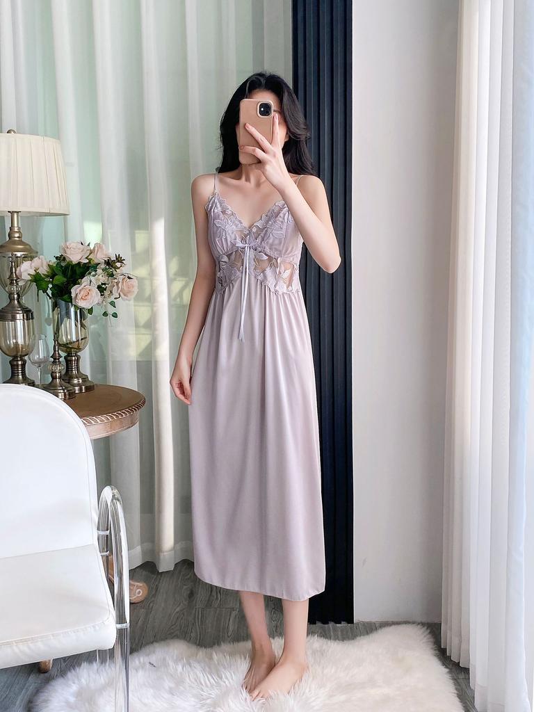 Ice silk pajamas women's spring and autumn long suspender pajamas, two summer pure desire sexy long skirts with chest pads, and robes
