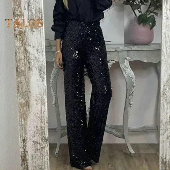 Women Sequins Long Pants High Waist Slim Fit Shining Trousers Solid Color Elastic Flared Pants Streetwear