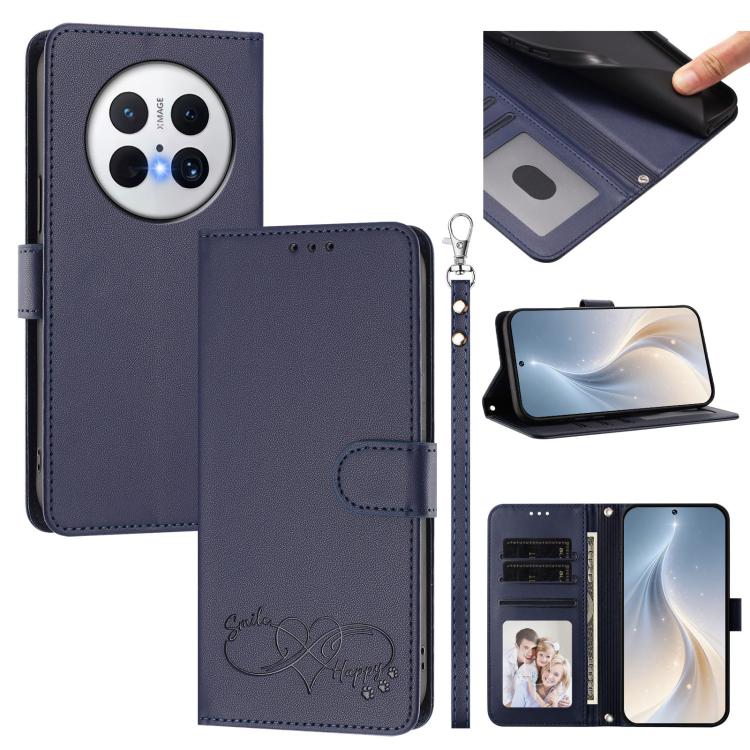 Happy Heart Pattern Magnetic Closure Vegan Leather Phone Case with Wrist Strap For Huawei Mate 60