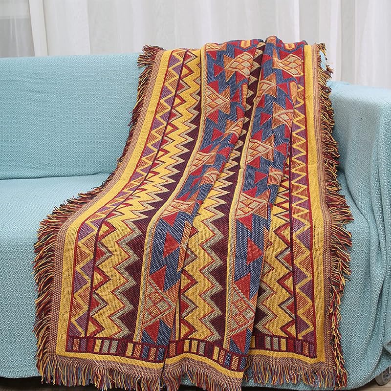Blanket for Bed, Large Throw Blanket, Bohemia Yellow Geometric Pattern Jacquard Tassels Reversible Woven Throws for Sofas Couch Bed Decorative