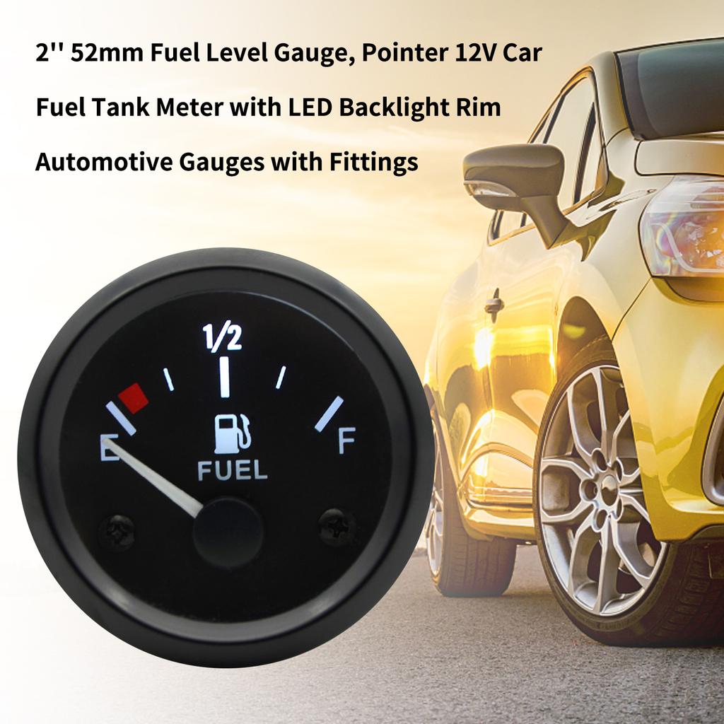 2 52mm Fuel Level Gauge, Pointer 12V Car Fuel Tank Meter with LED Backlight Rim Automotive Gauges with Fittings