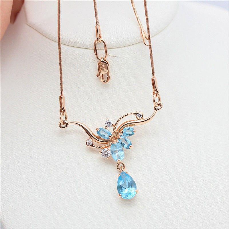 Фиолетовый Золотой Голубой Топаз Ожерелье Модное Покрытое Розовым Золотом Капля Воды Цветок Цепочка на Ключицу