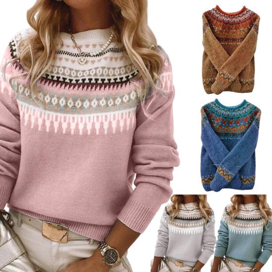 Женский свитер с круглым вырезом и длинным рукавом, вязаный крючком пуловер, свитер с геометрическим узором, цветной трикотажный топ