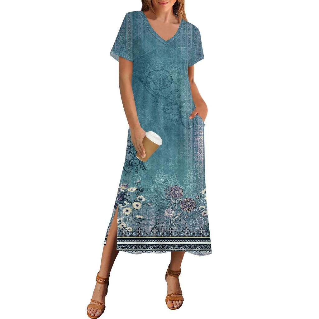 Women's Summer Floral Print Dress Short Sleeve Beach Dress With Pocket Casual V-neck Hem Side Slit Dress