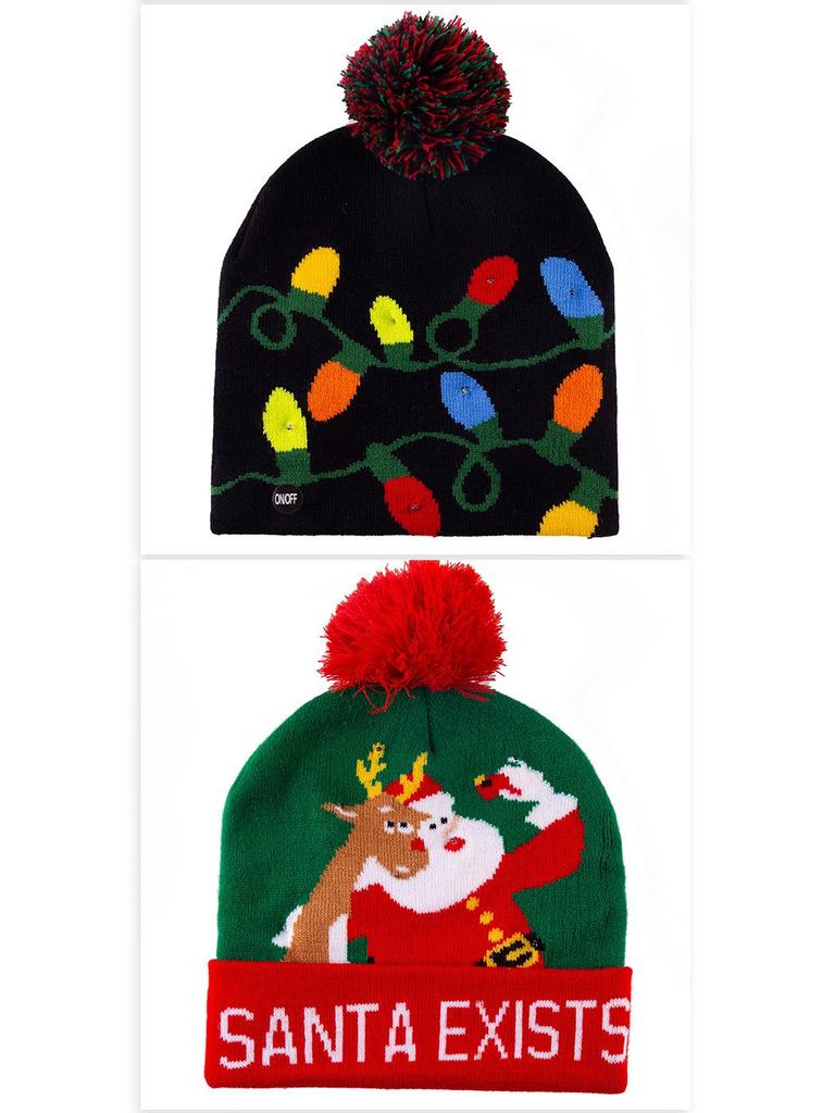 Festive Knitted Jacquard Pom-Pom Christmas Hat with Lights