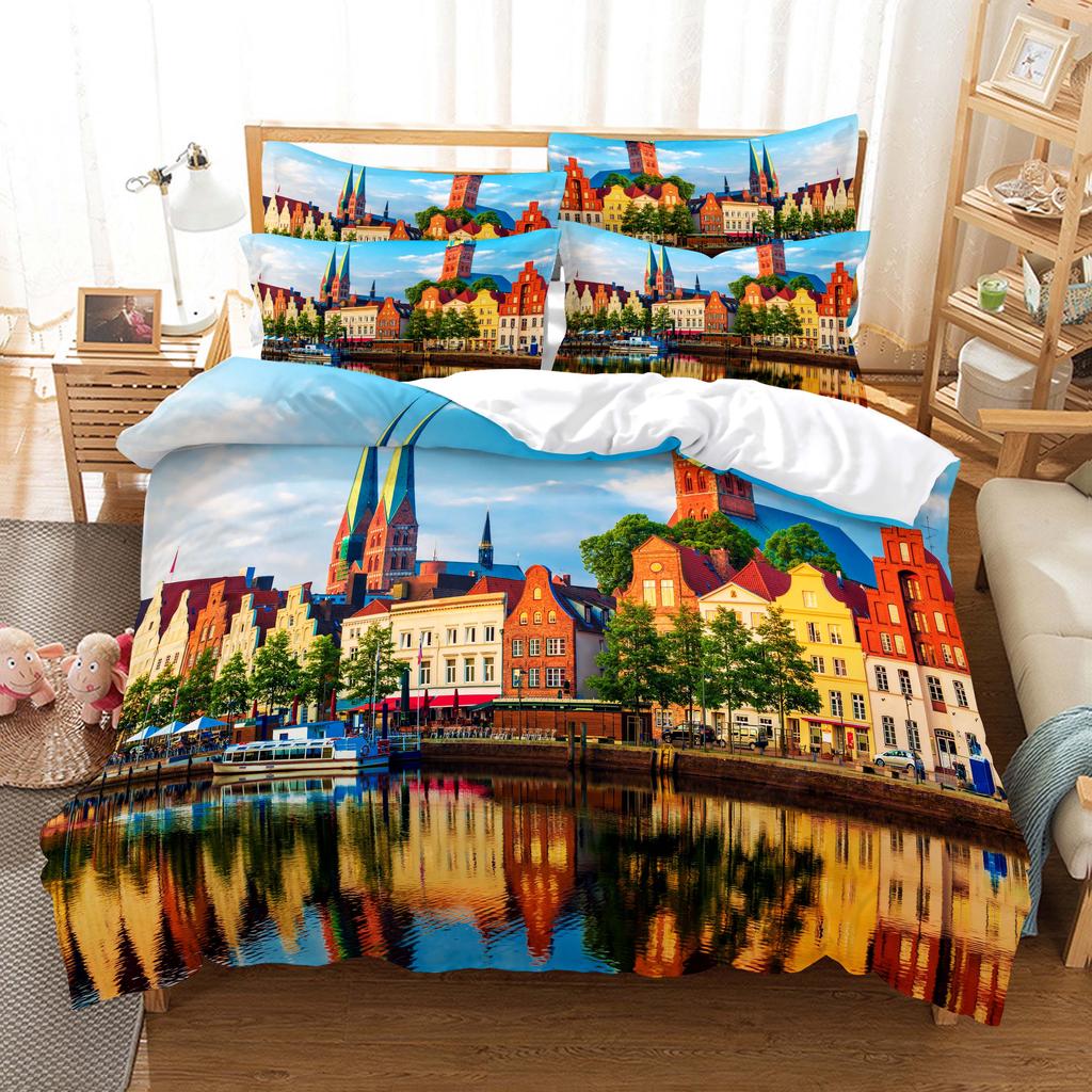 Building Famous Landscape Bedding Set For Bedroom Soft Bedspreads For Bed Home Comfortable Polyester Duvet Cover With Pillowcase