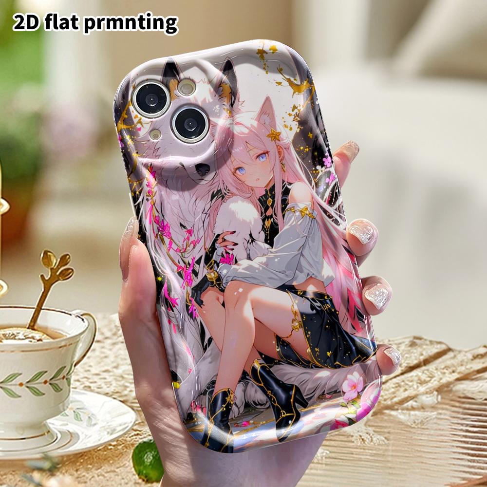 Phone case: 2D flat, fits iPhone 12Pro/13/14/15/16/17/18, phone decoration, pink-haired girl with animal ears, perfect for Christmas and Halloween gif