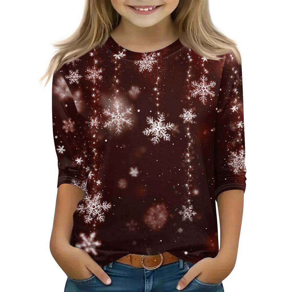 Рождественские топы с принтом для девочек-подростков 5-16 лет, футболки с круглым вырезом и рукавами 3/4, модные топы, нарядные футболки