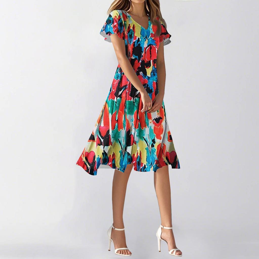 Женское летнее повседневное модное платье с цветочным принтом и V-образным вырезом, короткая юбка с коротким рукавом