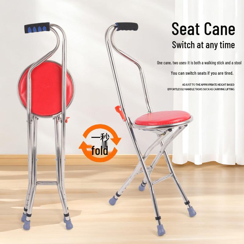 Multi-functional Anti-slip Folding Cane Stool for Elderly – Lightweight and Four-legged Chair for Outdoor Walking