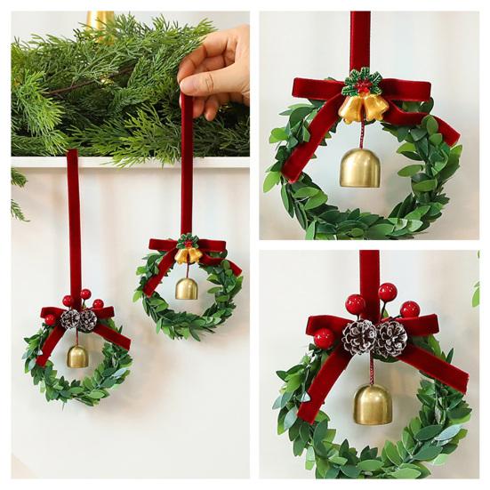 Christmas Bell Wreath Hanging Ornament Mini PVC Garland with Red Bow Xmas Tree Decor