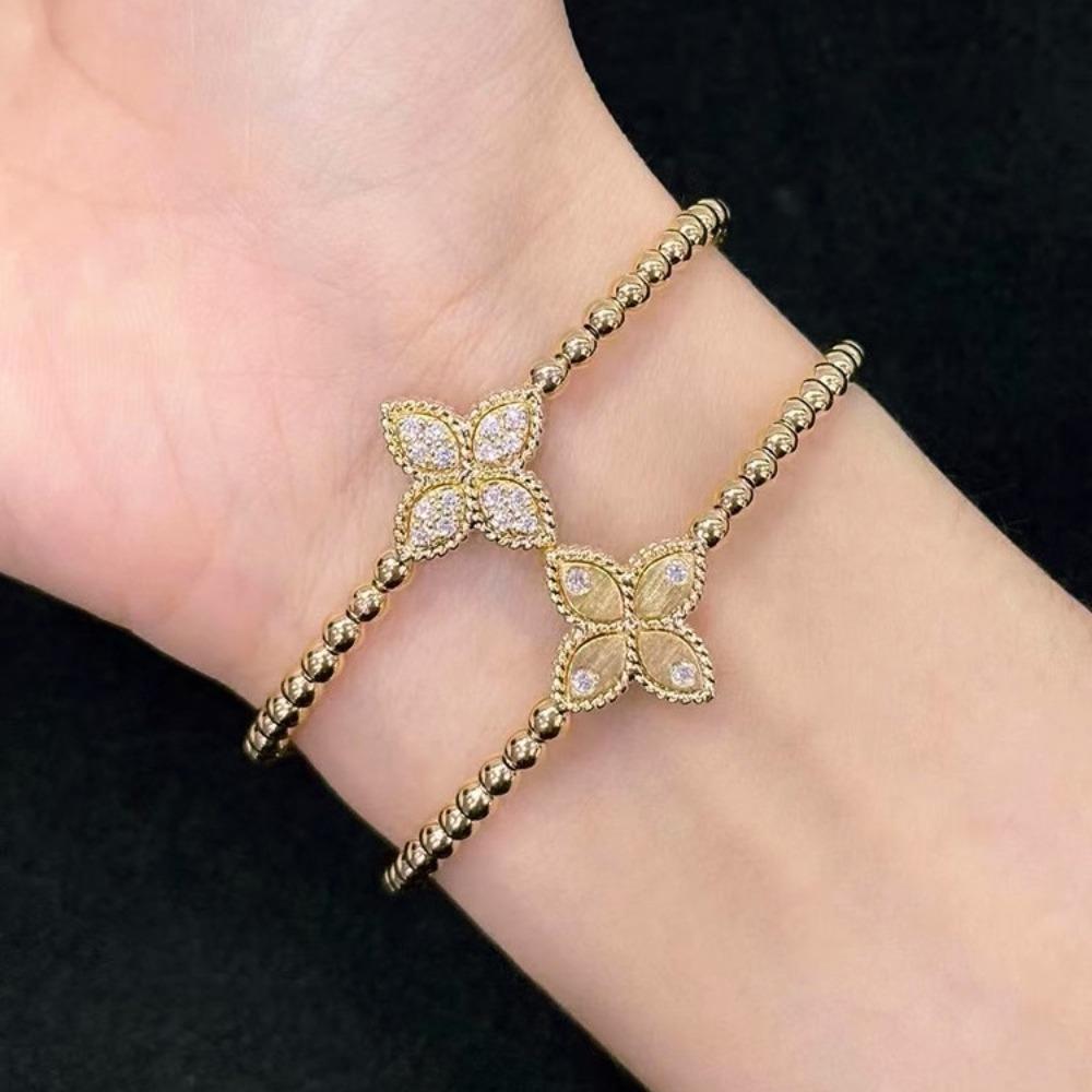 Vintage Morgan Flower Elastic Double Sided Flip Bracelet Brushed Diamond Clover Bangle for Women