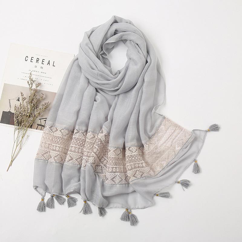 Spain Fashion Women Viscose Scarf Hollow Lace Floral Tassel Pashmina Hijab Shawls And Wraps Echarpe Foulards Femme 180*90Cm