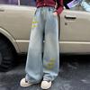 Джинсы для девочек Весна и Осень Детские Вышивка Сердце Широкие Брюки Прямые Брюки Модные Брюки с вышивкой