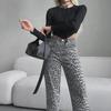Women's High Waist Gray Leopard Print Narrow Straight Pants for Spring and Autumn - Small Size, Lengthens Legs.