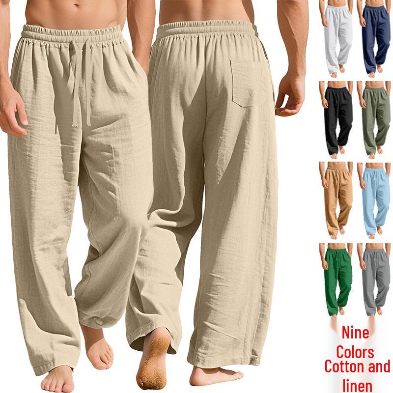 Мужские свободные повседневные спортивные брюки из льна с карманами и кулиской - однотонные модные деловые брюки