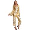 Womens 70s Retro Disco Long Sleeve Flared Jumpsuit Sparkle Costume