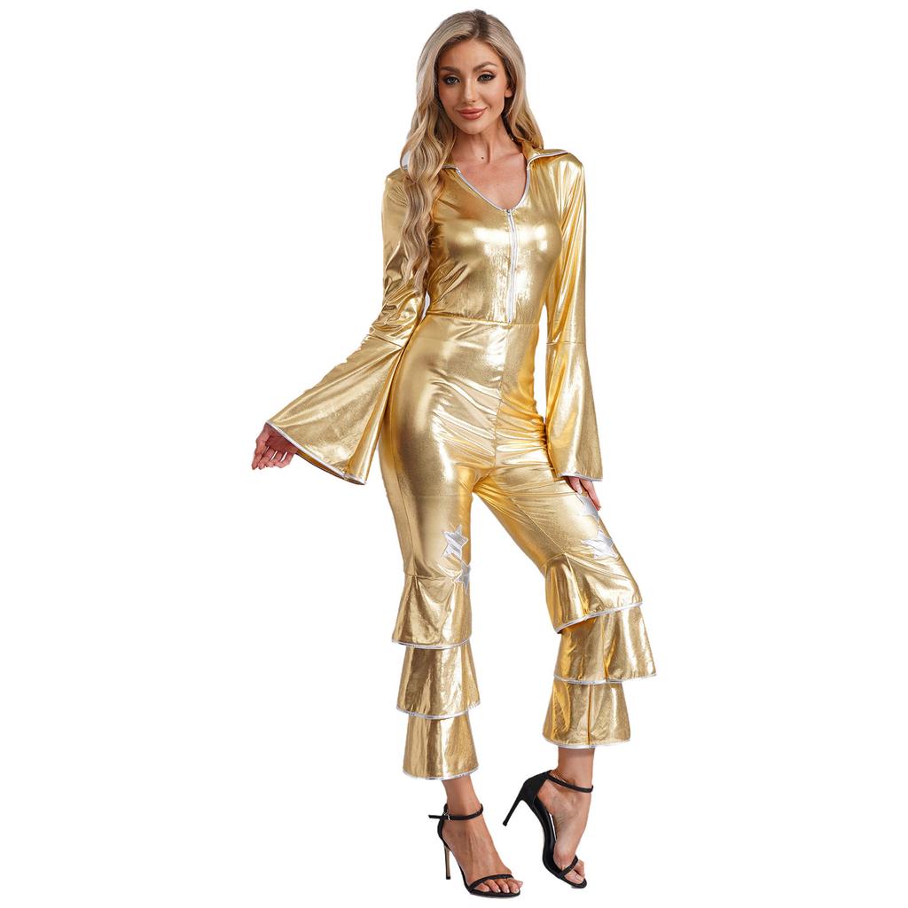 Womens 70s Retro Disco Long Sleeve Flared Jumpsuit Sparkle Costume