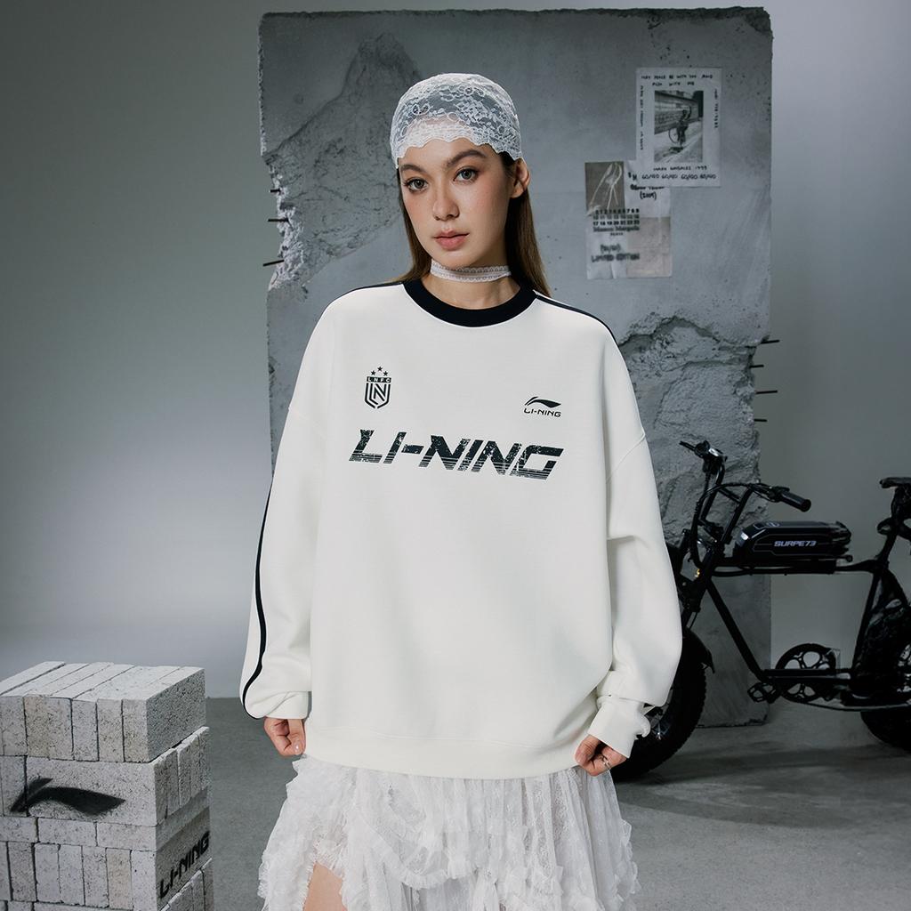 Li Ning Sports Lifestyle Series Свитшот унисекс с круглым вырезом, свободного кроя, в стиле кэжуал, в ретро-цветовой блок, с буквенными полосами, универсальный, молочно-белый AWDVF87-1