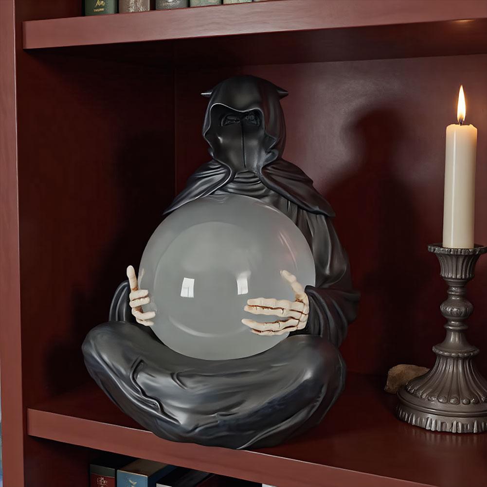 LED Grim Reaper Statue USB Charging Grim Reaper Water Globe Resin Spooky Sculpture Ornament for Halloween Party Decoration
