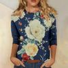 Женская мода повседневная три четверти рукава цветочный принт горловина топ