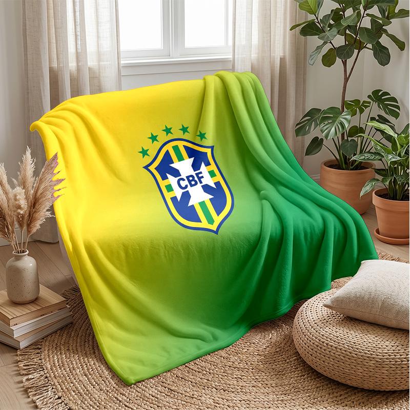 Brazil Football Printed Flannel Blanket Skin Friendly Warm Decorative Throw for Indoor Couch Bed Daily Use