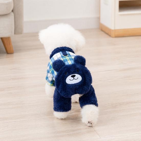 jijijing Fuzzy Bear Dog Jumpsuit, Cute Plaid Outfit, Warm 4-Legged Apparel, Plush Lined Cozy Onesie Clothes for Small Autumn Winter