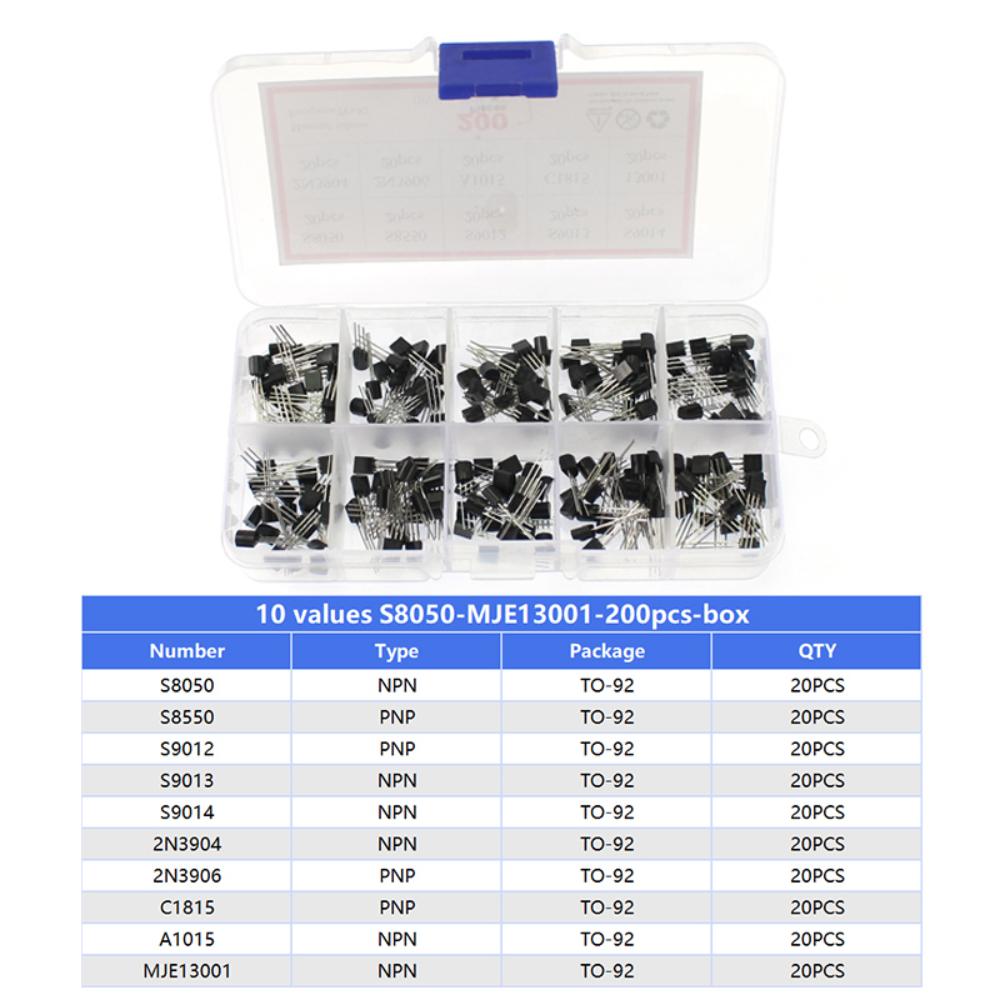 200PCS/Box Transistor Assorted Kit 2N2222 2N3904 2N3906 BC337 BC547 BC557 S8050 S8550 10 values PNP NPN Transistors Triode TO92