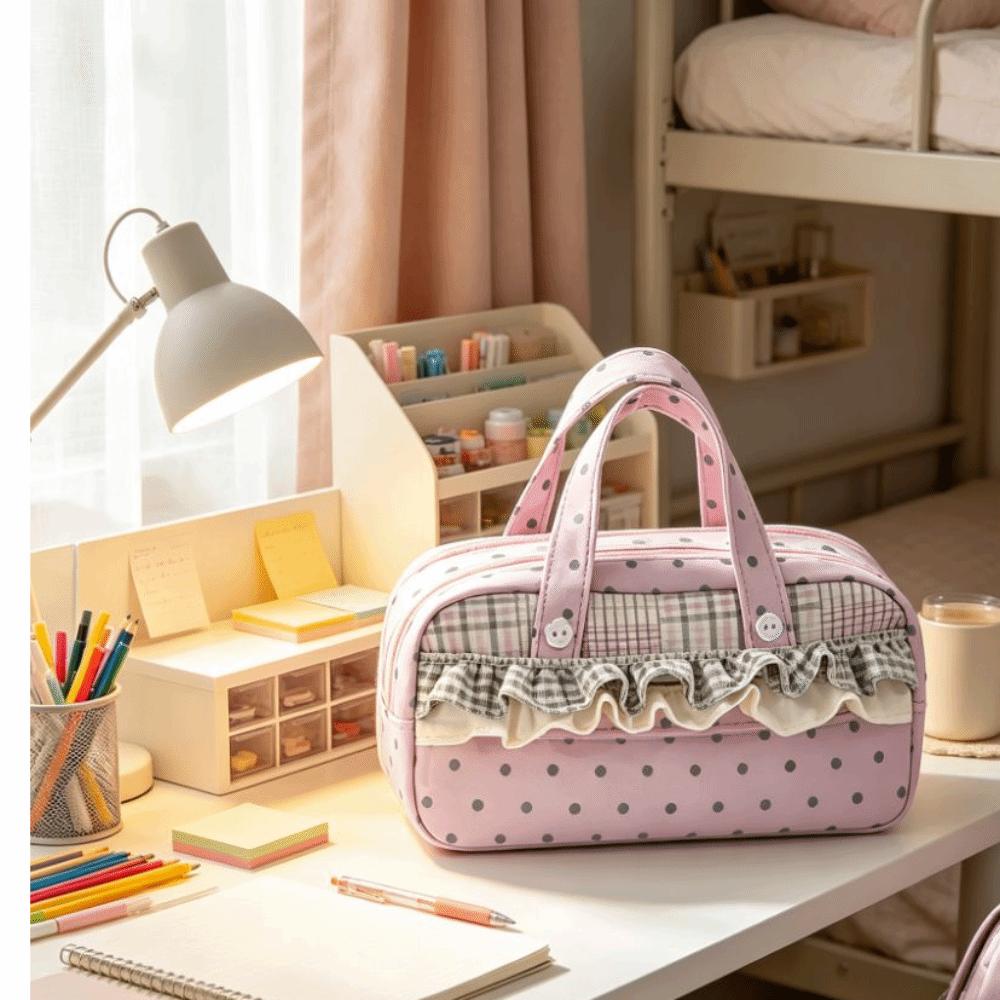 Plaid Polka Dot Lace Pencil Case Large Capacity Lace Stationery Bag Lace Pen Bag  Gift Giving