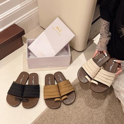 Набор тапочек с пальцами женская летняя одежда 2025 новый однопедальный тканевый однословный драг плоская подошва темперамент универсальные пляжные сандалии